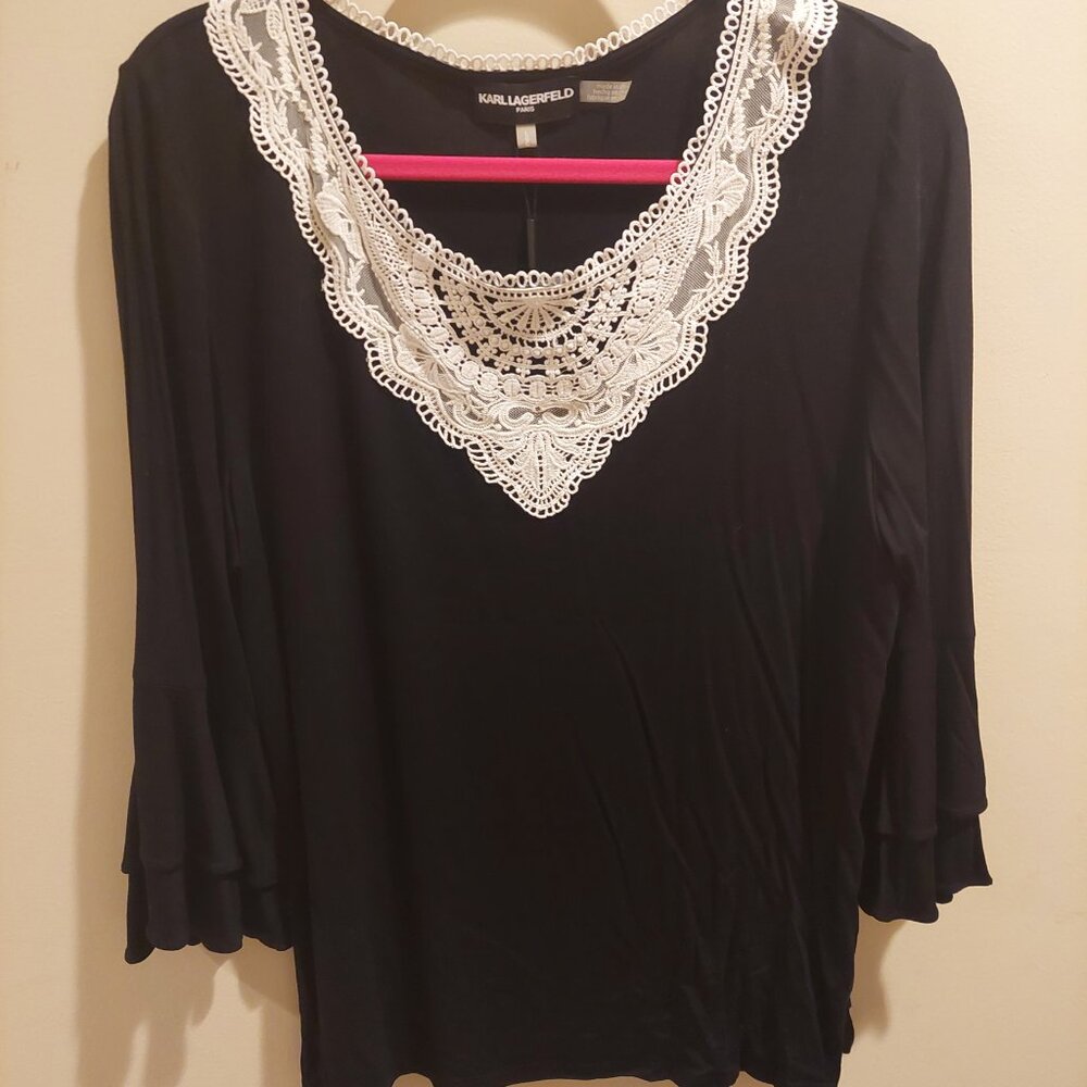 Karl Lagerfeld black with white blouse top with crocheted neckline size L